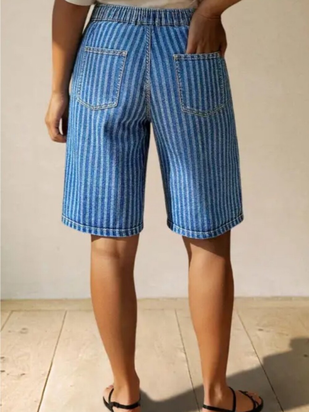 Flamingals Striped Drawstring Elastic High Rise Denim Bermuda Shorts NWT Large - Picture 3 of 12